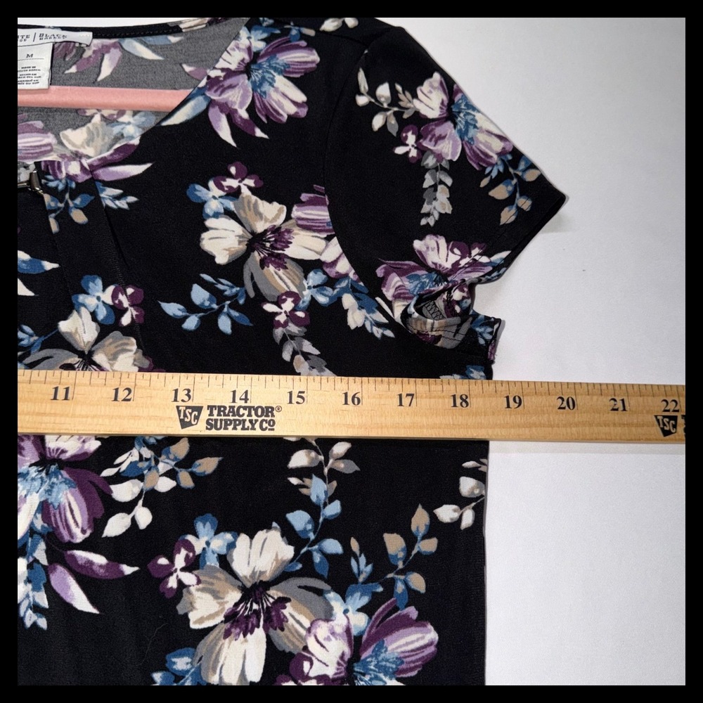 White House Black Market Floral Top Women Medium Black Purple Short Sleeve Blous - Picture 3 of 6